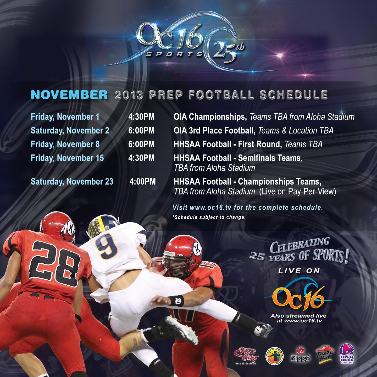 Oahu Interscholastic Association OC16 November Prep Football Schedule