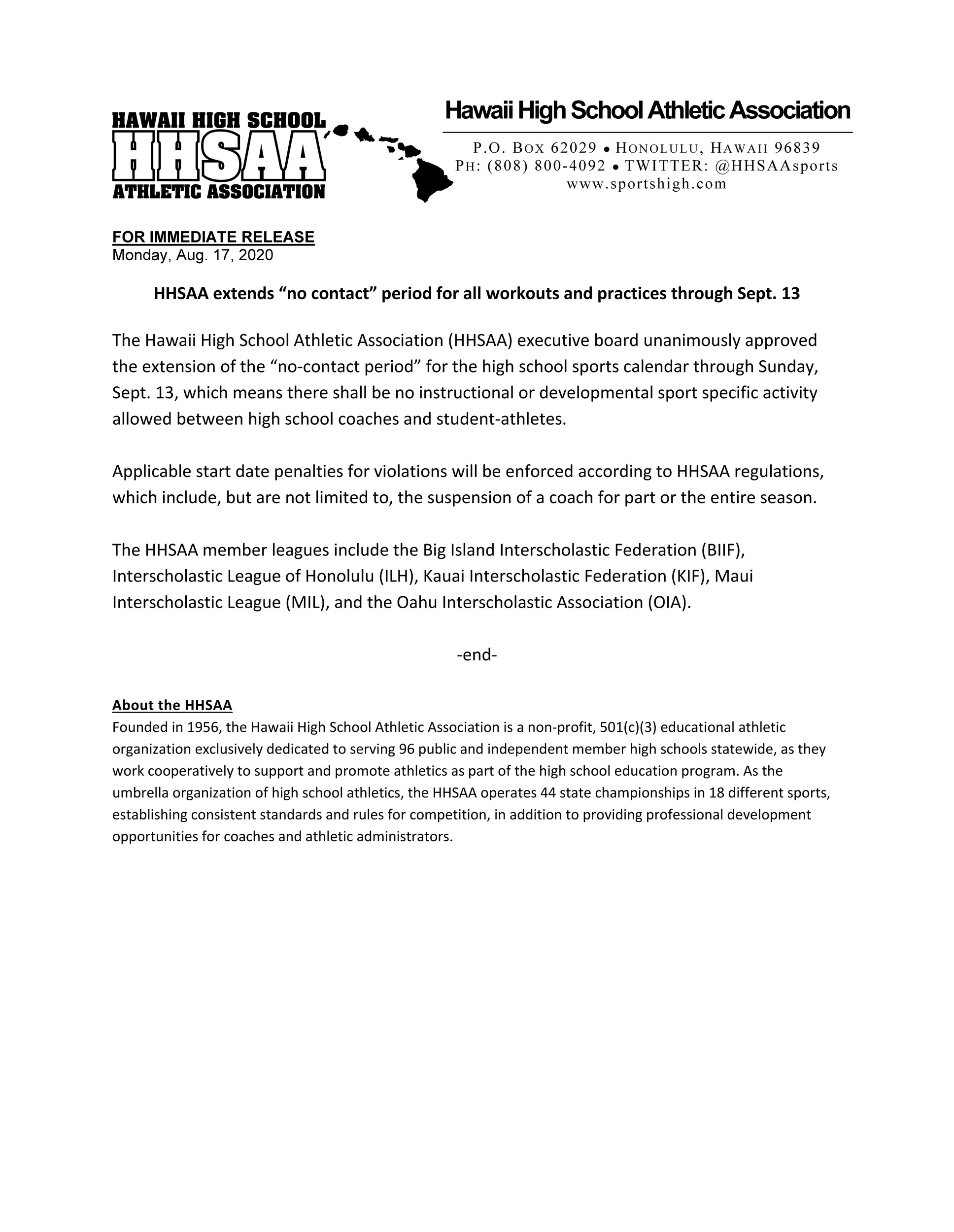 2020-08-17-press-release-hhsaa-extends-no-contact-dead-period-through-sept-13